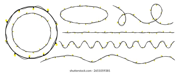 Christmas-themed curly garlands with bright yellow star lights. Hand-drawn doodle style vector perfect for New Year, winter holidays, and birthday flat cartoon designs. Festive and cheerful decoration
