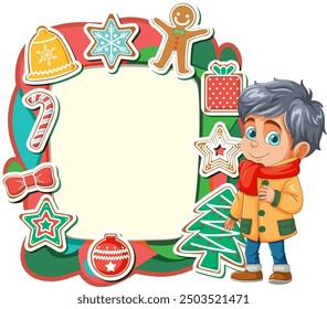 Christmas-themed frame with boy and decorations