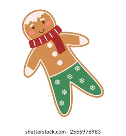 Christmas-themed gingerbread cookies in festive outfits and designs