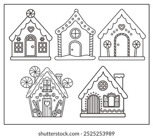 Christmas-themed gingerbread house coloring page with various cute designs. Children's activity, learning to color, playing and learning.