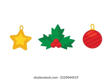 Christmas-themed icons featuring a yellow star, holly leaves with red berries, and a red striped ornament on a white background.