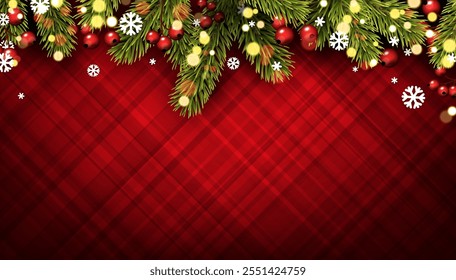 Christmas-themed image featuring a red plaid background adorned with a lush pine garland, red berries, and scattered white snowflakes. Perfect for holiday designs and invitations.