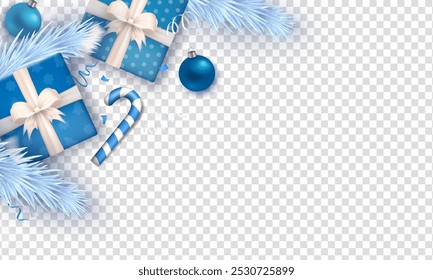 Layout com tema de Natal com duas caixas de presente azuis amarradas com fitas brancas, uma bengala de doces listrada, confetes azuis e galhos de pinheiro gelado em fundo transparente com espaço de cópia para design personalizado ou texto