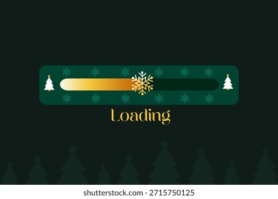 Barra de carga con tema navideño con diseño festivo único sobre fondo verde oscuro. Elementos de UI de vacaciones modernas e ilustración de interfaz digital de invierno para Web y diseño App.