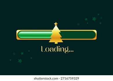 Barra de carga con tema navideño con diseño festivo único sobre fondo verde oscuro. Elementos de UI de vacaciones modernas e ilustración de interfaz digital de invierno para Web y diseño App.