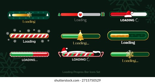 Barras de carga con temática navideña con diseños festivos únicos sobre fondo verde oscuro con copos de nieve sutiles, Elementos de interfaz de usuario de vacaciones modernas e ilustración de interfaz digital invernal.