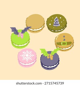 Christmas-themed macarons decorated with winter elements on a soft pastel background. Sweet holiday dessert illustration for seasonal design projects.