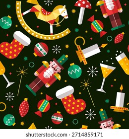 Weihnachtsmotiv mit Nussknacker, Strümpfen, Ornamenten, Kerzen und Getränken auf dunklem Hintergrund. Feier und Urlaubskonzept. Vektorgrafik
