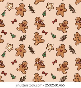 A Christmas-themed pattern featuring various gingerbread cookies including stars gingerbread men and are decorated with icing The background is light and festive enhancing the warm holiday feel