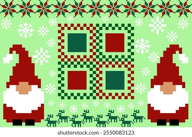 A Christmas-themed pattern on a light green background, depicting two pixelated Santa gnomes, snowflakes, reindeer, stars, and decorative squares in red and green. Pixel art pattern for Christmas