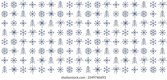 Christmas-themed pattern with snowflakes and decorative symbols. Seamless, vector illustration clean, abstract take on holiday designs. Seasonal backgrounds and digital art. Vector Illustration