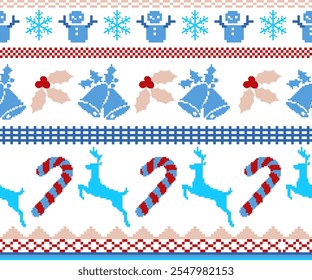 Christmas-Themed Pixel Art Pattern with Blue Snowmen, Snowflakes, Bells, Holly, Candy Canes, and Reindeer in Blue, Red, and Beige Color Palette