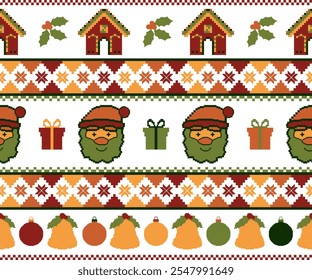 Christmas-Themed Pixel Art Pattern with Blue Snowmen, Snowflakes, Bells, Holly, Candy Canes,