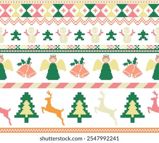 Padrão de arte de pixel com tema de Natal com bonecos de neve azuis, flocos de neve, sinos, Holly, doces bengalas,
