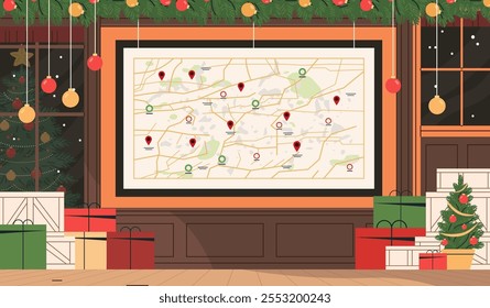 Christmas-themed room with map festive decorations. A large map with location pins hangs on the wall surrounded by gift boxes a decorated tree and garlands