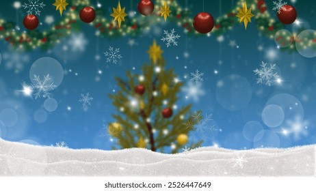 A Christmas-themed snowy landscape with a blurred decorated Christmas tree, snowflakes, garland, ornaments, and lights, creating a festive and dreamy winter atmosphere.