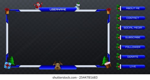 Christmas-Themed Stream Overlay Webcam Screen Frame and Stream Alert Panels in Blue and Silver Color with Santa Claus, Snowman, and Decorative Ornaments for Gaming and Live Streaming