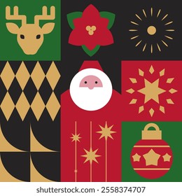 Christmas-themed vector illustration featuring geometric blocks in Scandinavian style with Santa, stars, and ornaments. Suitable for patterns, decorations, and holiday designs.