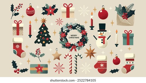 Ilustración vectorial de temática navideña con un efecto de grano en las sombras, con Elementos festivos como una corona de flores, un muñeco de nieve, un árbol de Navidad, regalos y decoraciones en un estilo minimalista