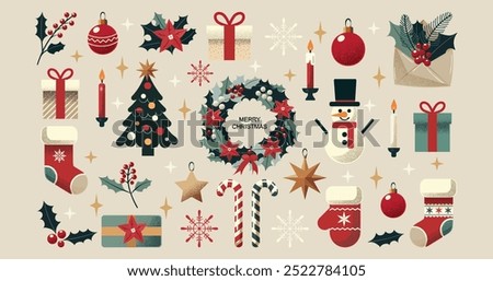 Christmas-themed vector illustration with a grain effect on shadows, featuring festive elements such as a wreath, snowman, Christmas tree, gifts, and decorations in a minimalistic flat style