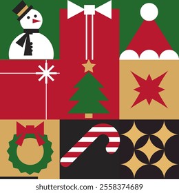 Christmas-themed vector illustration in Scandinavian style with geometric blocks featuring Santa, snowflakes, and stars. Great for festive projects and patterns.