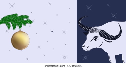 Christmas-tree branch and golden ball - White bull with swirling horns - illustration, vector. New Year banner. Winter holidays. svg