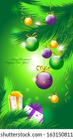 Christmas-tree branches decorated with colorful balloons on a green background