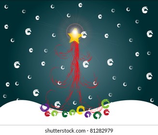 christmastree card with lines and gift