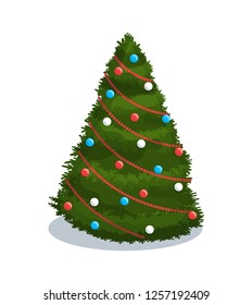 Christmas-tree decoration with colorful balls and red chaplet. Single fir-tree in flat style isolated on white. Holiday 3d greeting papercard vector