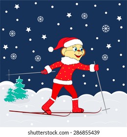  christmas,winter card. monkey skiing in the night winter landscape, illustration,vector