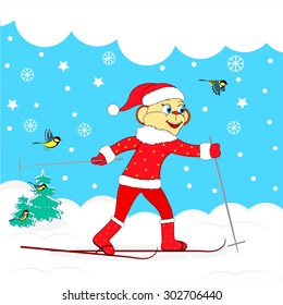  christmas,winter card. monkey skiing on the winter landscape, illustration,vector