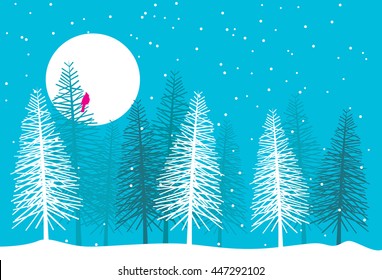 Christmas/winter scene featuring pine trees, snow and a lone cardinal