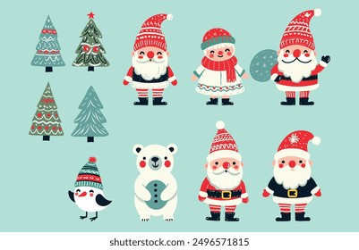 Christmmas character illustration set. Cute cartoon Santa, Christmas gnomes, snowman, polar bear and christmas trees.