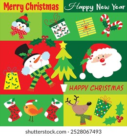 Christms card, gift bag or box design with penguin, snowman, santa, robin and reindeer