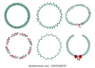 Christnas greenery garland, circle frame with bow, berries,leaves in doodle style isolated on white background. Simple hand drawn winter decoration