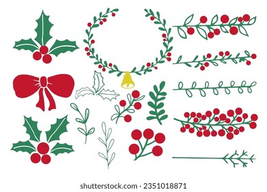 Christnas greenery garland, frame, border and decorations with bow, berries,leaves in doodle style isolated on white background. Simple hand drawn winter decoration