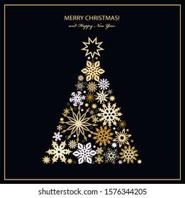 Christnas greeting card with fir tree from golden snowflakes. Vector