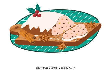 Christollen on wooden board, cinnamon sticks and anise stars.German christmas cake for winter holidays party.Fruit bread with holly and covered with fudge sugar.Vector cartoon food illustration.