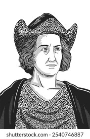 Christopher Columbus 1451-1506 face drawing. Hand-drawn engraving of explorer known for discovering the Americas. Vector black and white historical illustration.
