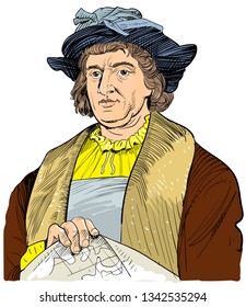 Christopher Columbus (1451-1506) portrait in line art illustration. He was Italian explorer, colonizer and navigator. He is remembered as the principal European discoverer of the America continent.