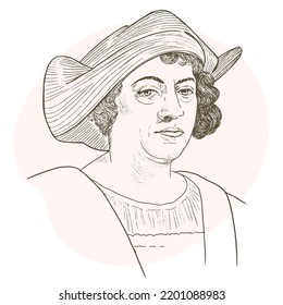 Christopher Columbus (1451-1506) Portrait In Line Art Illustration. He Was Italian Explorer, Colonizer And Navigator. 