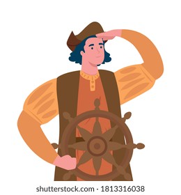 Christopher Columbus Cartoon With Rudder Design Of America Discovery Theme Vector Illustration