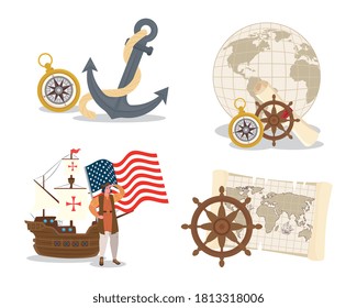 Christopher Columbus cartoon with ship and icon set design of happy columbus day america and discovery theme Vector illustration