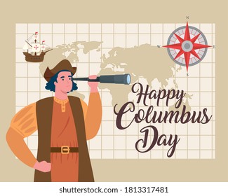 Christopher Columbus cartoon with telescope design of happy columbus day america and discovery theme Vector illustration