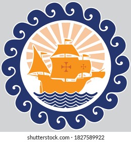 Símbolo del Día de Cristóbal Colón.
Imagen de un barco de vela bajo el sol, rodeado de olas.