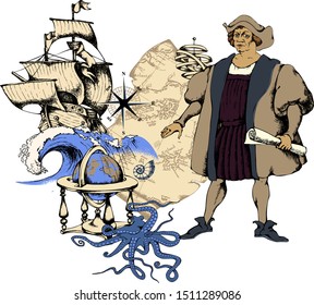 Christopher Columbus. The famous navigator who discovered America. Vector illustration