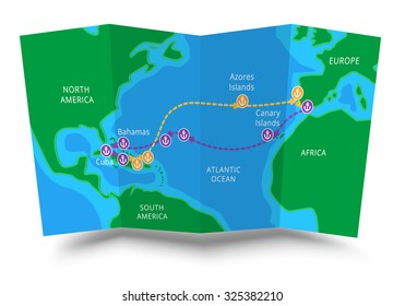 Christopher Columbus First Voyage Folded Map Flat Vector Scheme Infographics, Map Vector Background