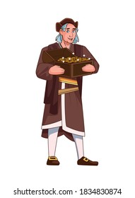 Christopher Columbus lifting treasure chest character vector illustration design