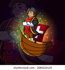 The christopher columbus pirates is standing on the ship esport mascot design of illustration