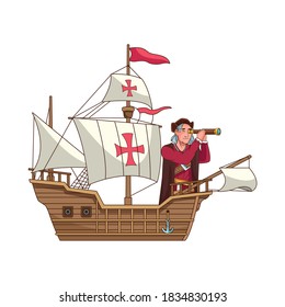 Christopher Columbus With Telescope In Caravela Vector Illustration Design